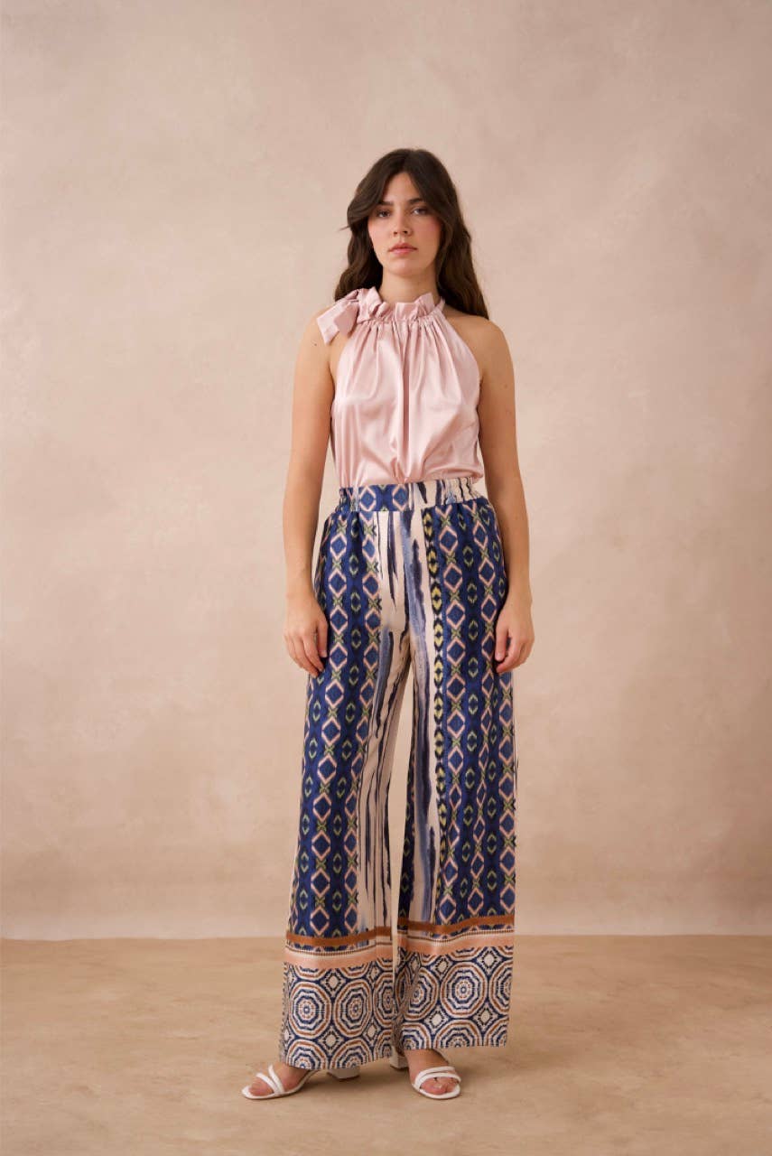 Patchwork printed Palazzo pants - CK08183-6: Navy / 1S-1M-1L-1XL