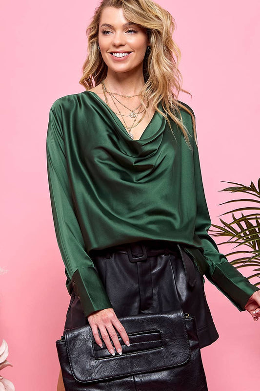 Satin Drape Blouse: Dark Green / SMALL