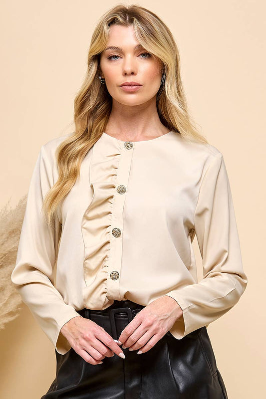 RUFFLE LONG SLEEVE BLOUSE : Beige / Medium